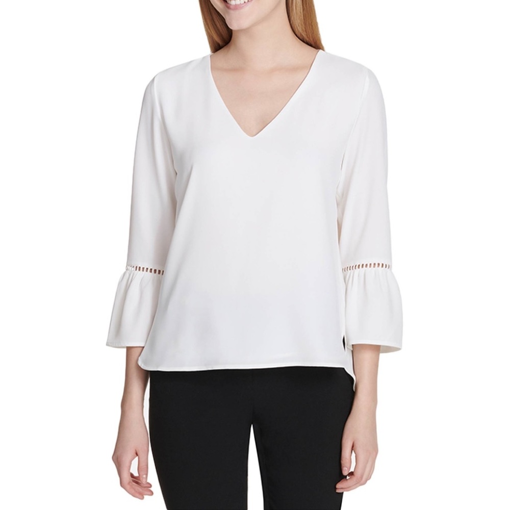 Calvin Klein white V-neck Bell Sleeve Blouse Size M
